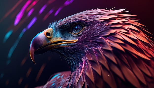 A colorful image of an eagle with a blue eye and a purple background.