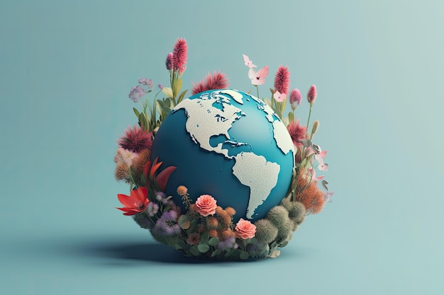 A colorful image of the earth with flowers around it for World Earth Day background