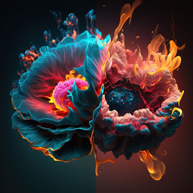 A colorful image of a flower with a flame on the bottom