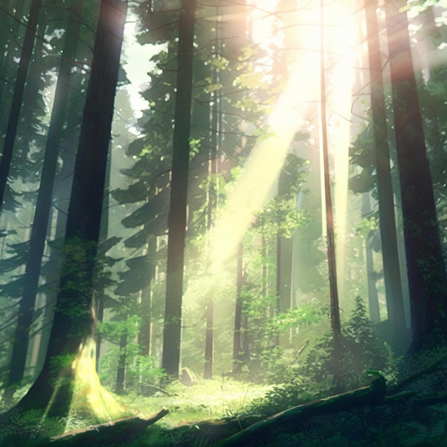 Colorful image of the forest in the anime style