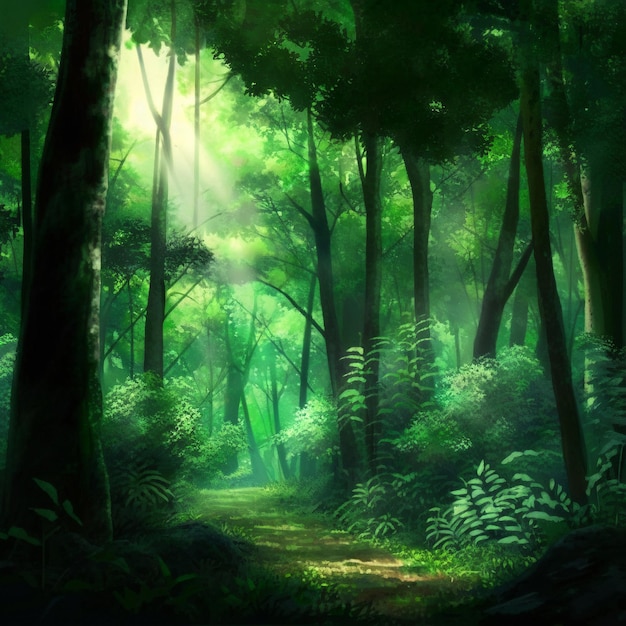 Colorful image of the forest in the anime style