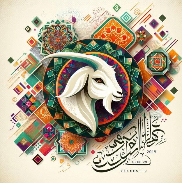 a colorful image a goat with a colorful happy eid banner design background with a colorful pattern