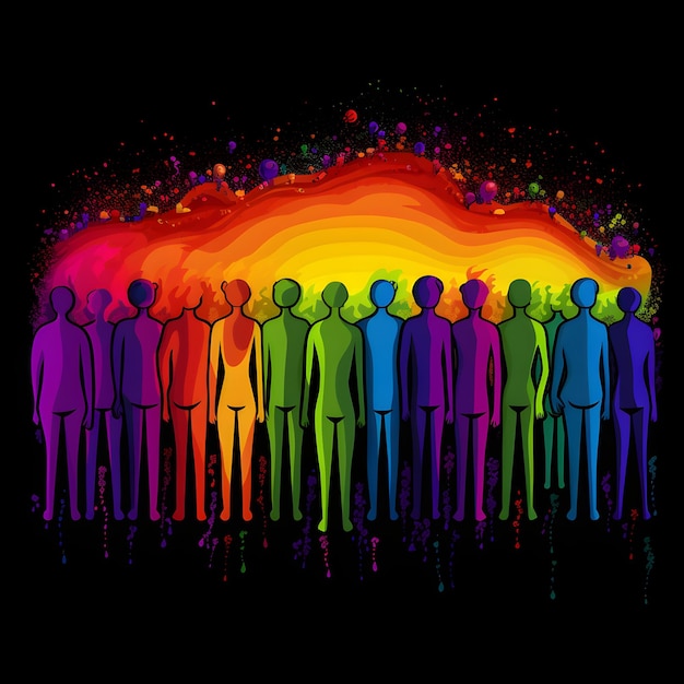 A colorful image of a group of people with the word rainbow on the front