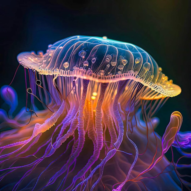 A colorful image of a jellyfish with a black background.