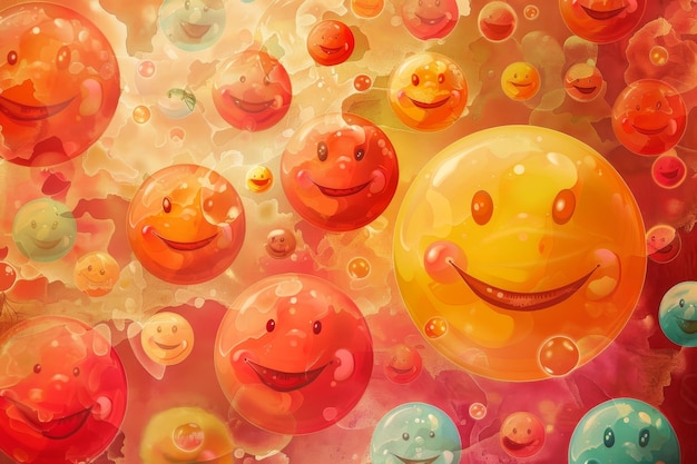 A colorful image of many smiling faces some of which are yellow and red