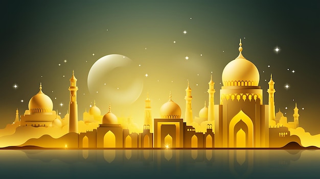 a colorful image of a mosque with a golden background and a mosque in the background