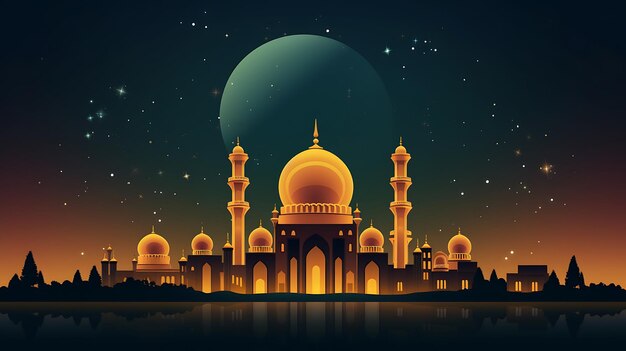 a colorful image of a mosque with a moon in the background