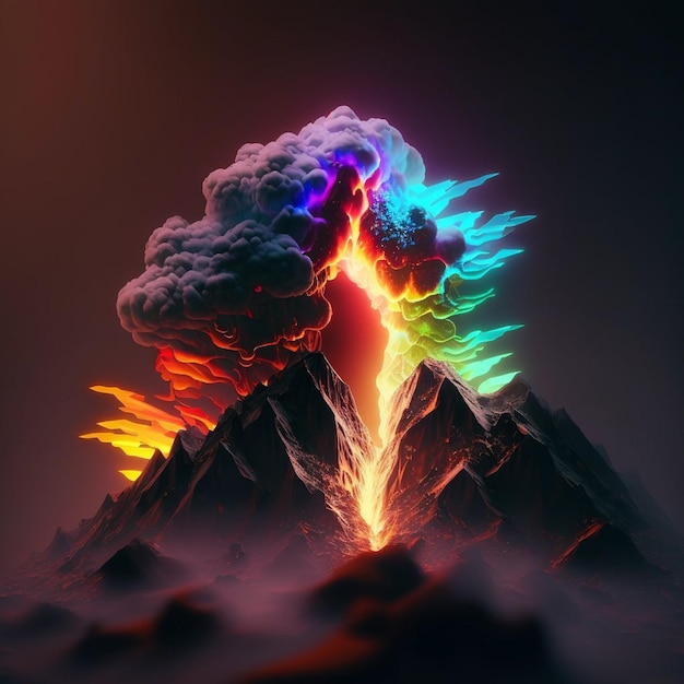 A colorful image of a mountain and a volcano with the word fire on it