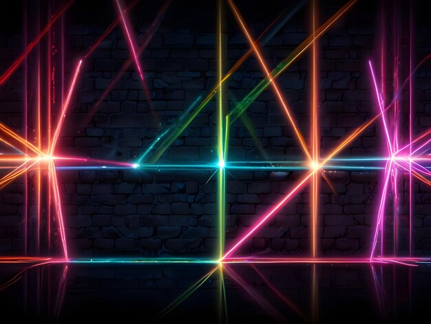 a colorful image of neon lights against a brick wall