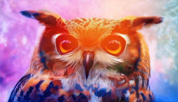 Photo a colorful image of an owl with orange eyes and a colorful background