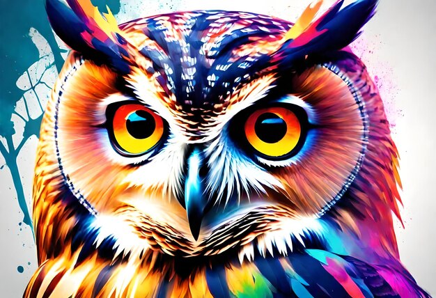 Photo a colorful image of an owl with yellow eyes and a colorful background