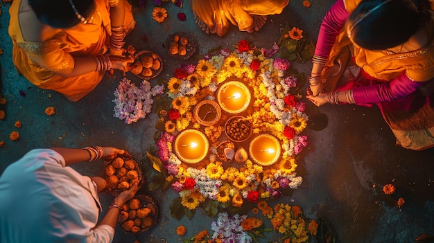 Photo a colorful image of people in front of a heart with candles and flowers