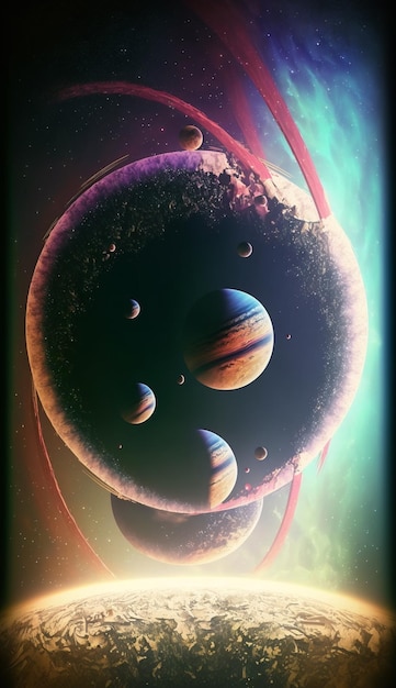 A colorful image of planets and a nebula