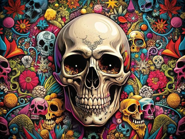 a colorful image of a skull and flowers with a skull on it