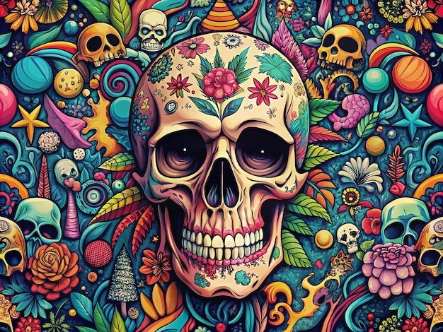 a colorful image of a skull and flowers with a skull on it