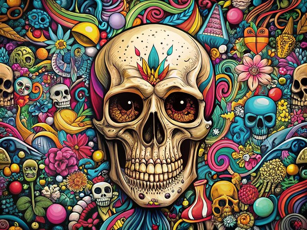 a colorful image of a skull and flowers with a skull on it