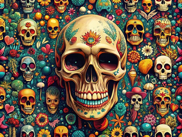 a colorful image of a skull and flowers with a skull on it