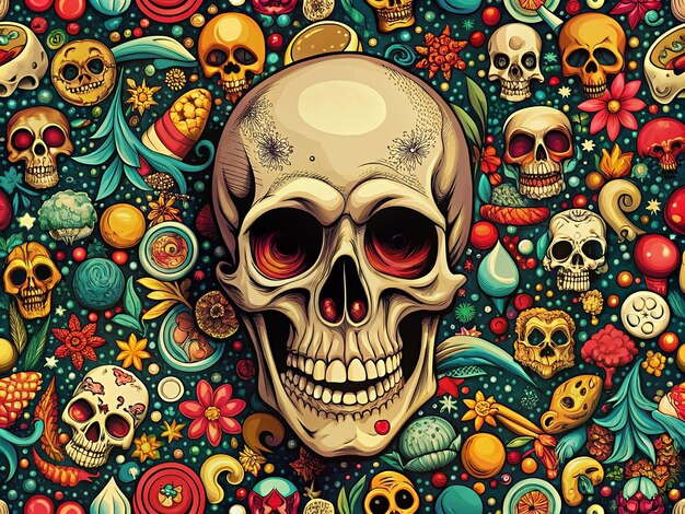 a colorful image of a skull and flowers with a skull on it