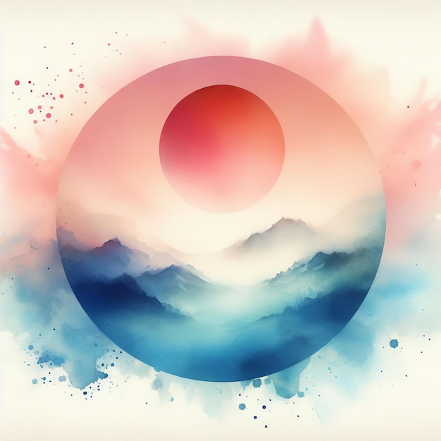 a colorful image of a sun and mountains