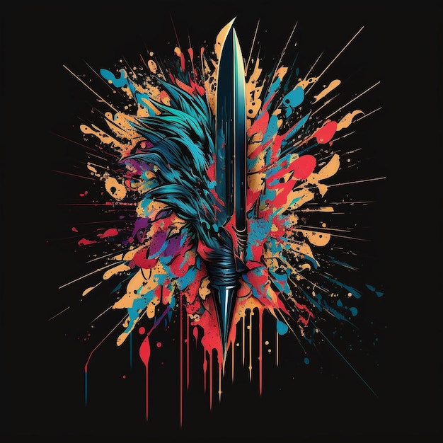 A colorful image of a sword with a feather on it