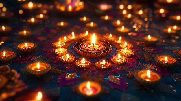 a colorful image of a temple with many candles in the center