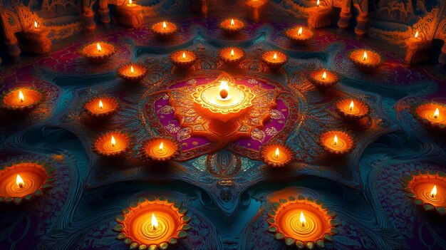 a colorful image of a temple with many candles