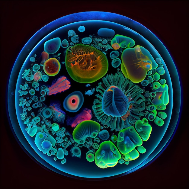 A colorful image of a virus in a circle