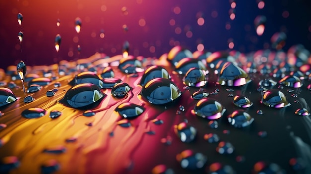 A colorful image of water drops on a surface.