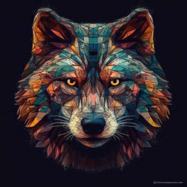 A colorful image of a wolf with a black background.