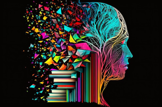 Colorful image of woman's head with books flying out of it Generative AI