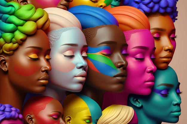 A colorful image of women with different colors on their faces