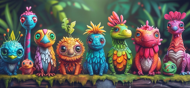 Colorful imaginary creatures gathered in a lush fantasy forest