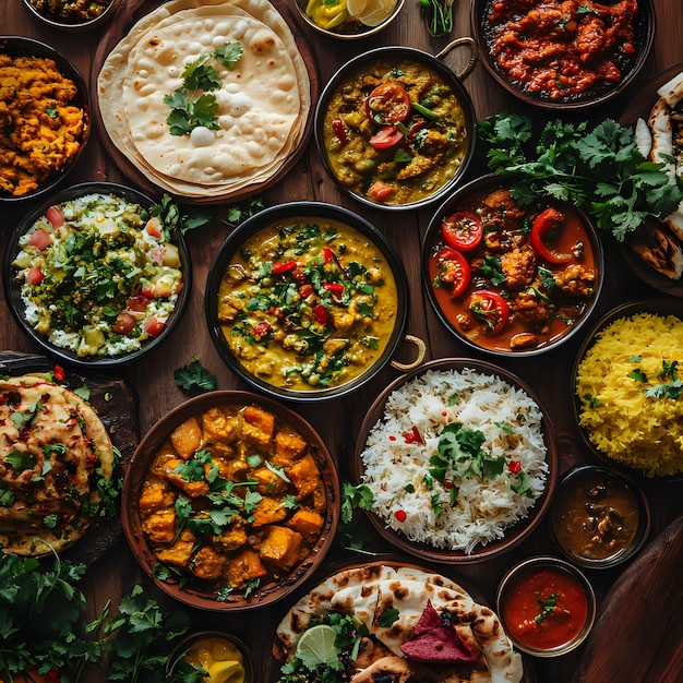 Colorful Indian Feast with Various Curries and Naan