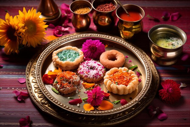 Colorful Indian Thali with Rice Roti and a Variety of Desserts