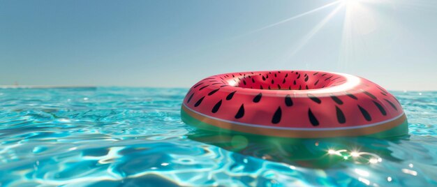 A colorful inflatable watermelon pool float drifting on clear sunlit water creates a vibrant summer theme