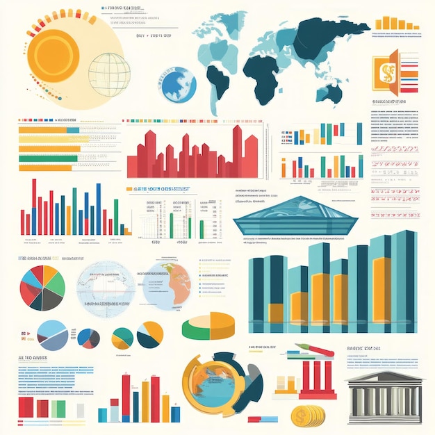 Colorful infographic with world maps bar charts pie charts and financial icons