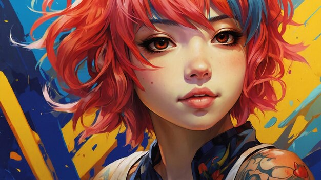 Photo colorful ink animestyle illustration of smiling female character with red and blue hair