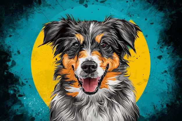 Colorful ink painting of dog on grunge digital art background