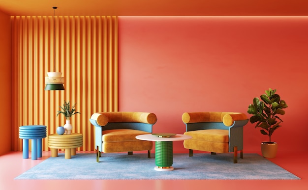 Colorful interior desing of living room memphis concept 3d render