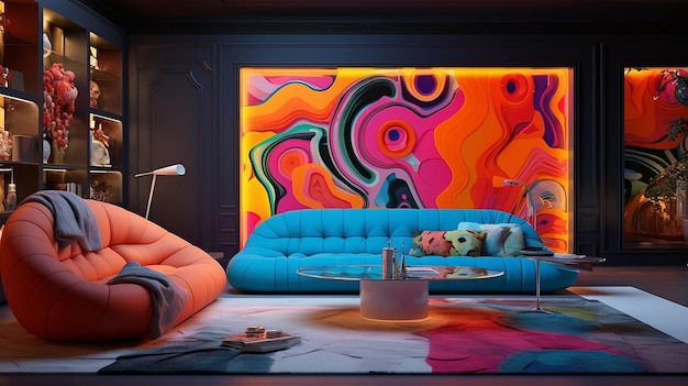 Colorful interior neon velvet living room design