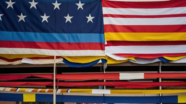 Colorful international flags hanging under a clear sky in a festive outdoor setting