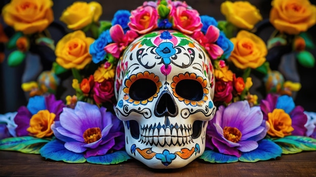 Colorful intricately painted sugar skulls for face painting booths at festive events