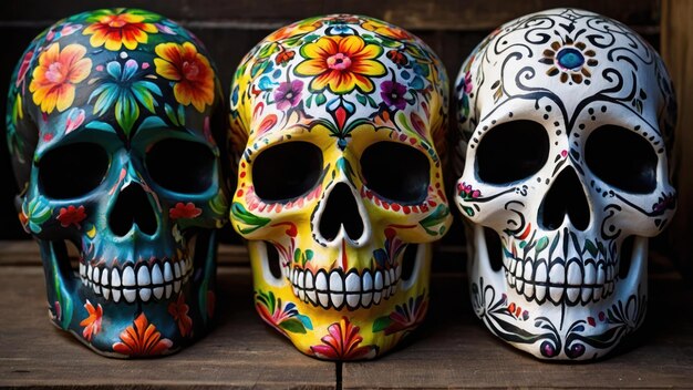 Colorful intricately painted sugar skulls for face painting booths at festive events