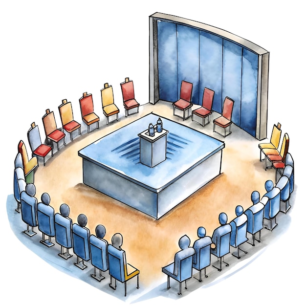 A colorful and inviting illustration of a circular meeting room with chairs arranged in a circle facing a podium