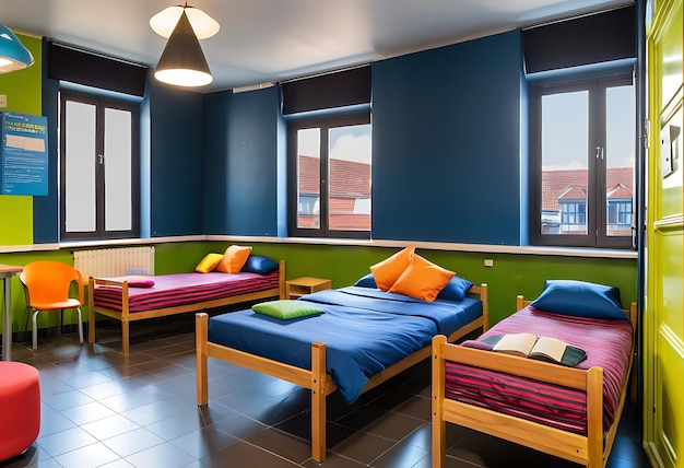 Photo colorful and inviting shared bedroom with three beds ideal for hostels or group accommodation