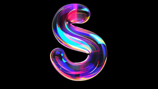 A colorful iridescent 3D letter S on a black background