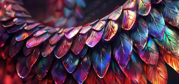 Photo colorful iridescent feather close up with vibrant hues and intricate texture creating a mesmerizing visual effect