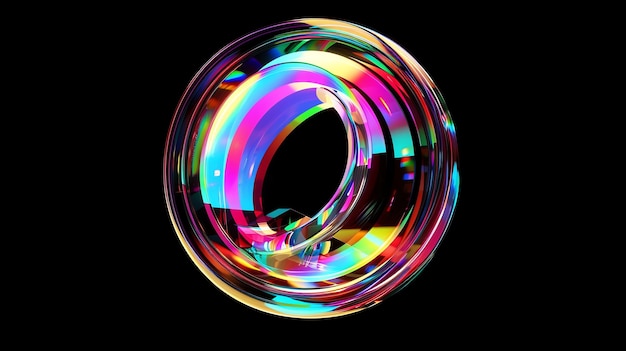 A colorful iridescent glass ring on a black background