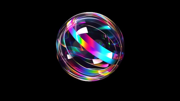 A colorful iridescent sphere with neon light streaks against a black background