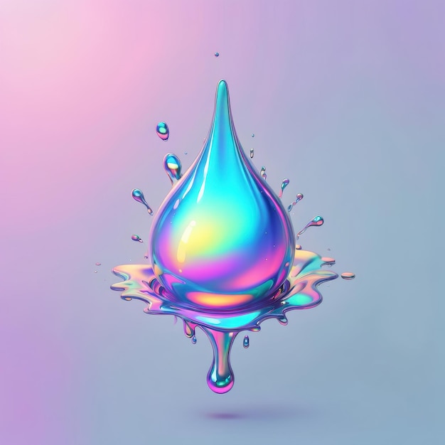 Photo a colorful iridescent water droplet splashing against a soft gradient background